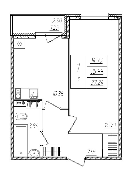 Продажа 1-комнатной квартиры 39.6 м2, 12/18 этаж, ЖК «Я - Романтик» - план-схема