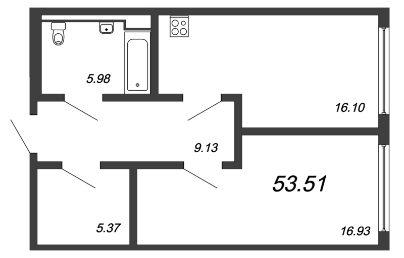 Продажа 1-комнатной квартиры 52.29 м2, 12/18 этаж, ЖК «Valo» - план-схема
