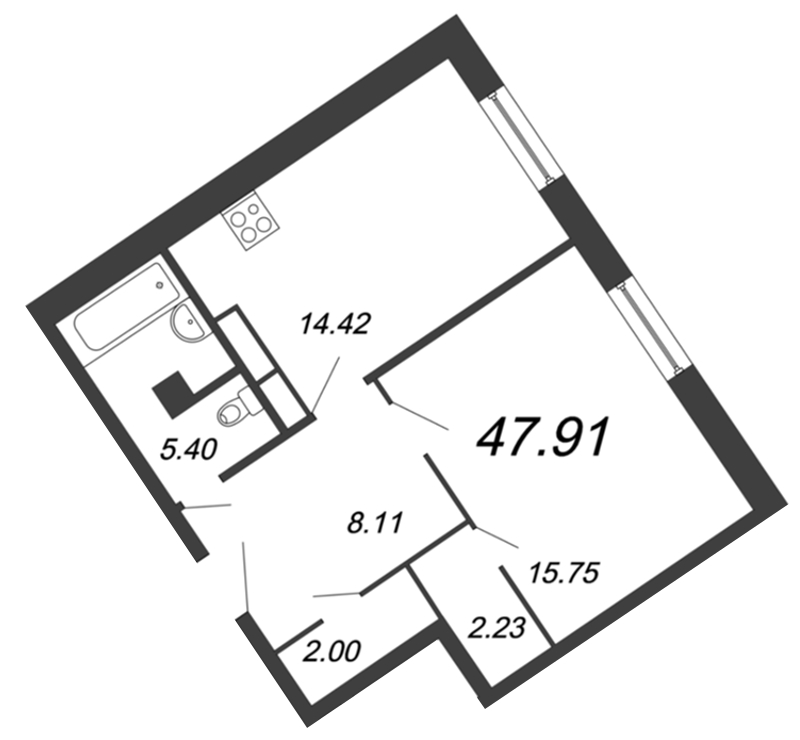 Продажа 1-комнатной квартиры 47.91 м2, 3/12 этаж, ЖК «Ariosto» - план-схема