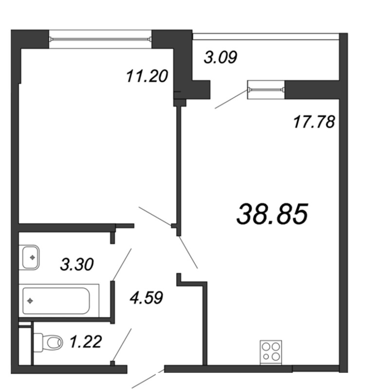 Продажа 2-комнатной (Евро) квартиры 38.85 м2, 8/18 этаж в ЖК «Магеллан» - план-схема