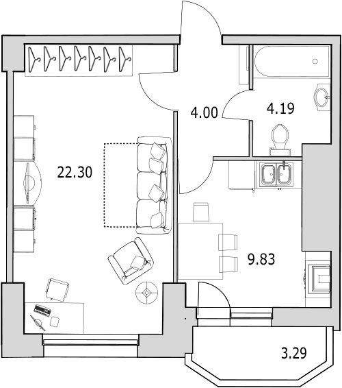Продажа 1-комнатной квартиры 41.97 м2, 13/0 этаж в ЖК «Байрон» - план-схема