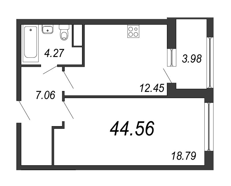 Продажа 1-комнатной квартиры 45 м2, 12/16 этаж, ЖК «PROMENADE» - план-схема