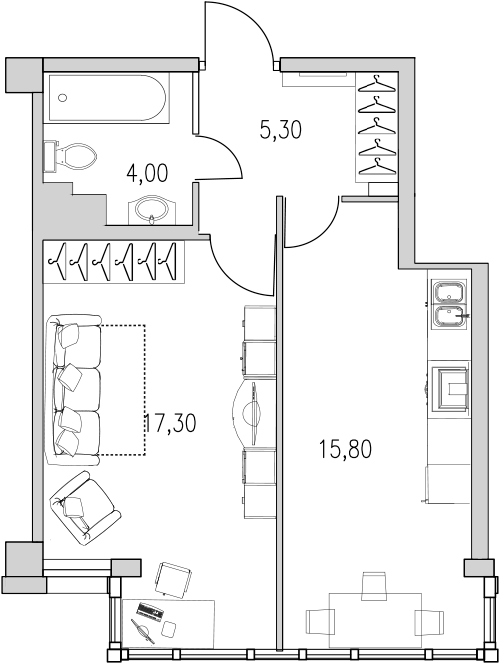 Продажа 1-комнатной квартиры 42.5 м2, 4/5 этаж, ЖК «Байрон» - план-схема