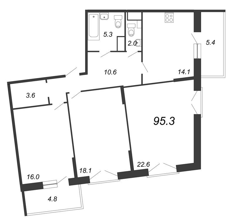 Продажа 3-комнатной квартиры 96.8 м2, 4/12 этаж, ЖК «Квартал Che» - план-схема