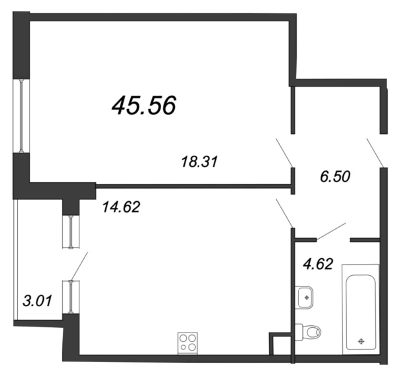 Продажа 1-комнатной квартиры 45.56 м2, 11/12 этаж, ЖК «Ariosto» - план-схема