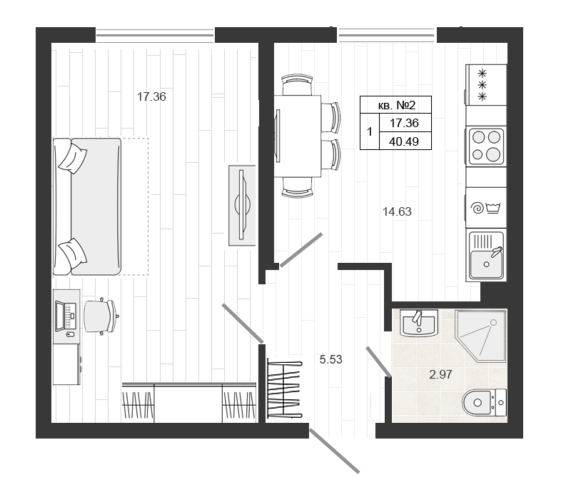 Продажа 1-комнатной квартиры 40.49 м2, 1/4 этаж в ЖК «Верево-сити» - план-схема