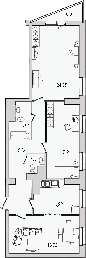 Продажа 3-комнатной квартиры 95.1 м2, 3/27 этаж, ЖК «Шекспир» - план-схема