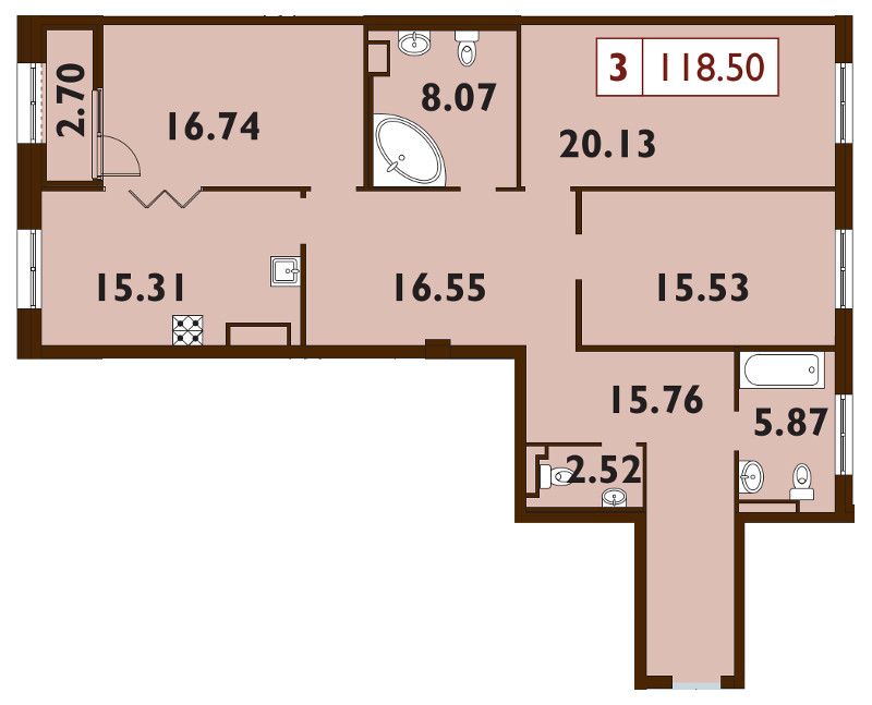 Продажа 3-комнатной квартиры 118.4 м2, 9/9 этаж, ЖК «Neva Haus» - план-схема