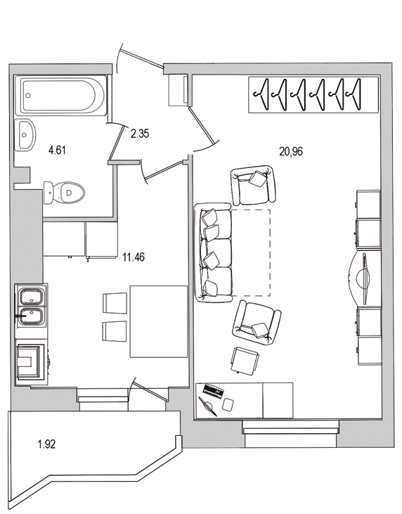 Продажа 1-комнатной квартиры 42.8 м2, 19/27 этаж, ЖК «Шекспир» - план-схема