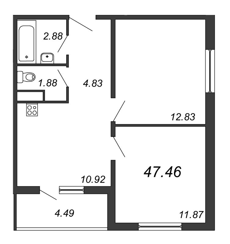 Продажа 2-комнатной квартиры 47.46 м2, 9/18 этаж, ЖК «Avenue-Apart на Дыбенко» - план-схема