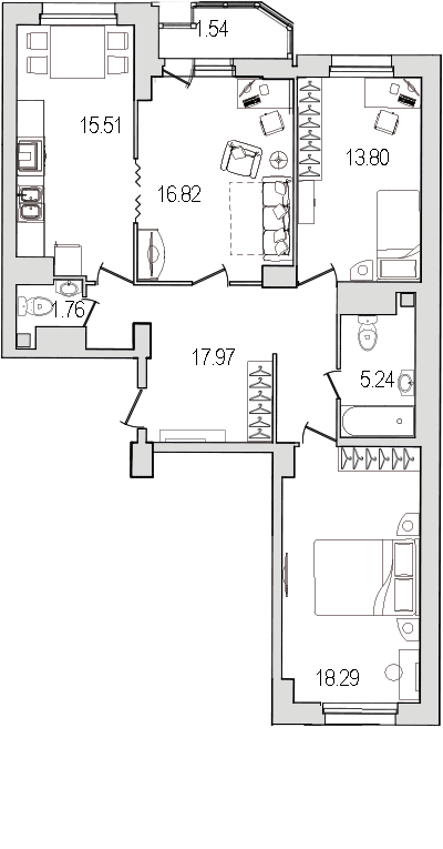 Продажа 3-комнатной квартиры 91.2 м2, 9/0 этаж, ЖК «Шекспир» - план-схема