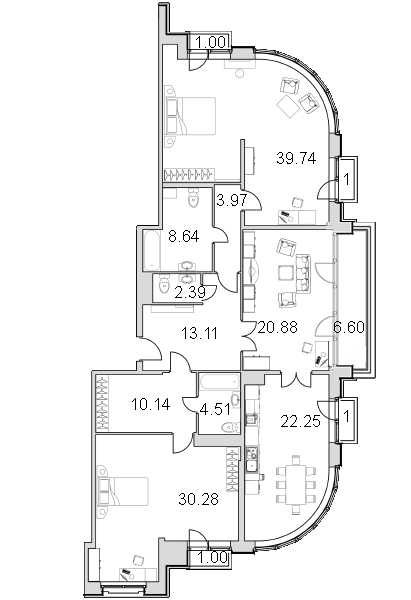 Продажа 3-комнатной квартиры 159.1 м2, 5/0 этаж в ЖК «Граф Орлов» - план-схема