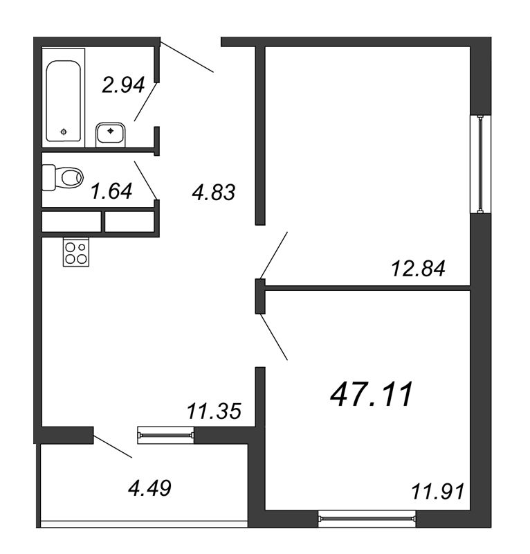 Продажа 2-комнатной квартиры 46.86 м2, 15/18 этаж, ЖК «Avenue-Apart на Дыбенко» - план-схема