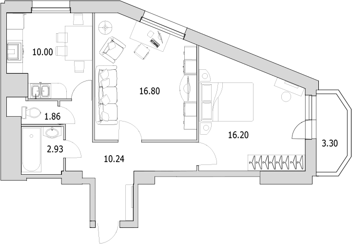 Продажа 2-комнатной квартиры 59.02 м2, 16/0 этаж, ЖК «Байрон» - план-схема