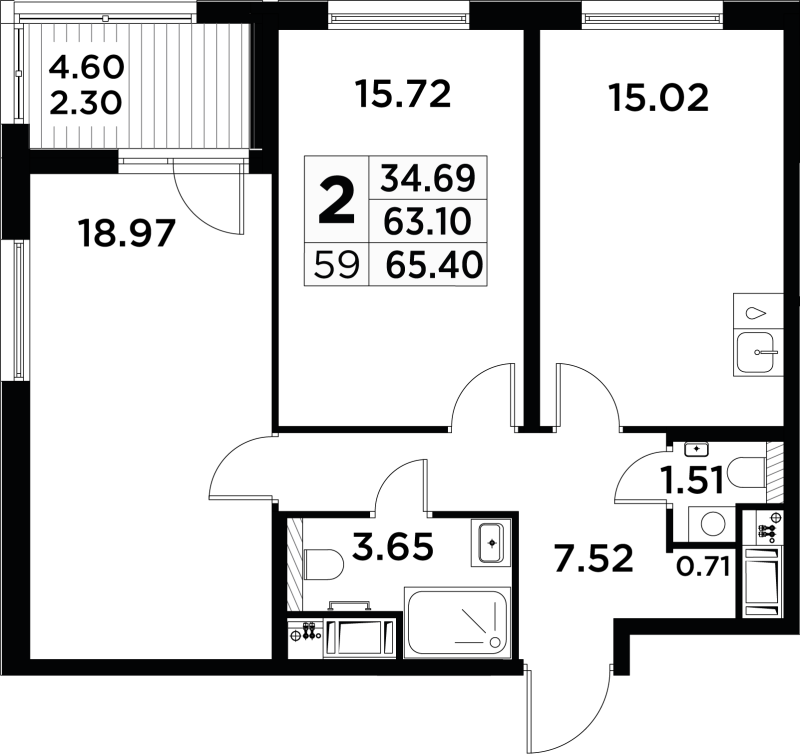 Продажа 2-комнатной квартиры 65.4 м2, 10/14 этаж в ЖК «City Заневский» - план-схема