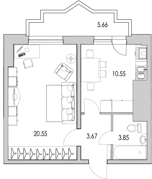 Продажа 1-комнатной квартиры 40.32 м2, 13/0 этаж в ЖК «Байрон» - план-схема