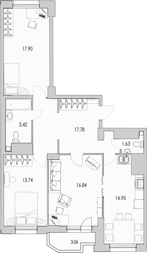 Продажа 3-комнатной квартиры 89.79 м2, 14/0 этаж в ЖК «Байрон» - план-схема