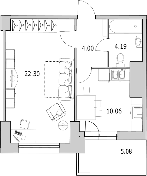 Продажа 1-комнатной квартиры 42.07 м2, 3/25 этаж, ЖК «Байрон» - план-схема