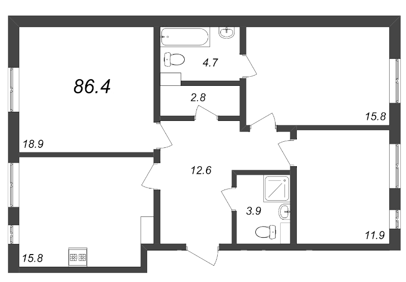 Продажа 3-комнатной квартиры 86.4 м2, 8/8 этаж, ЖК «Domino Premium» - план-схема