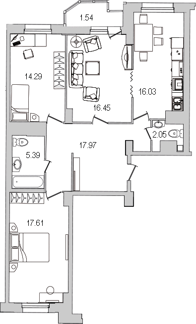 Продажа 3-комнатной квартиры 91.8 м2, 22/27 этаж, ЖК «Шекспир» - план-схема