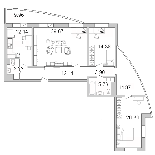 Продажа 3-комнатной квартиры 114.3 м2, 10/0 этаж, ЖК «Лондон парк» - план-схема