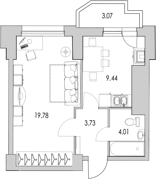Продажа 1-комнатной квартиры 41.4 м2, 21/27 этаж, ЖК «Байрон» - план-схема