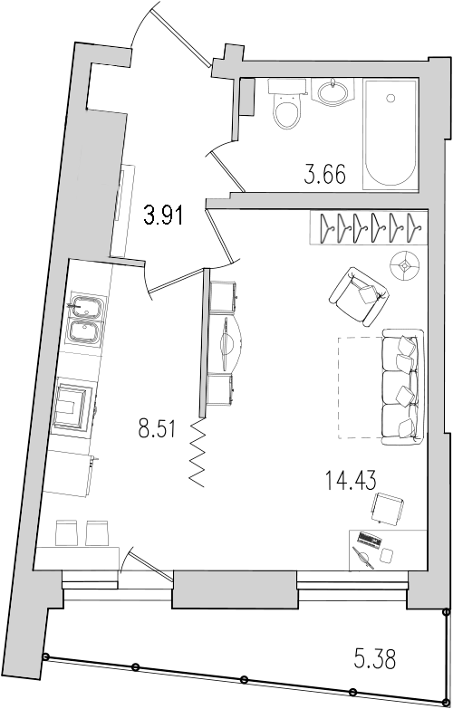 Продажа 1-комнатной квартиры 35.9 м2, 21/22 этаж, ЖК «Байрон» - план-схема