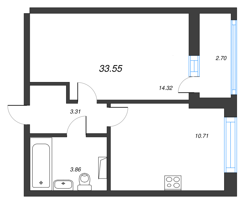 Продажа 1-комнатной квартиры 33.55 м2, 10/16 этаж, ЖК «Cube» - план-схема
