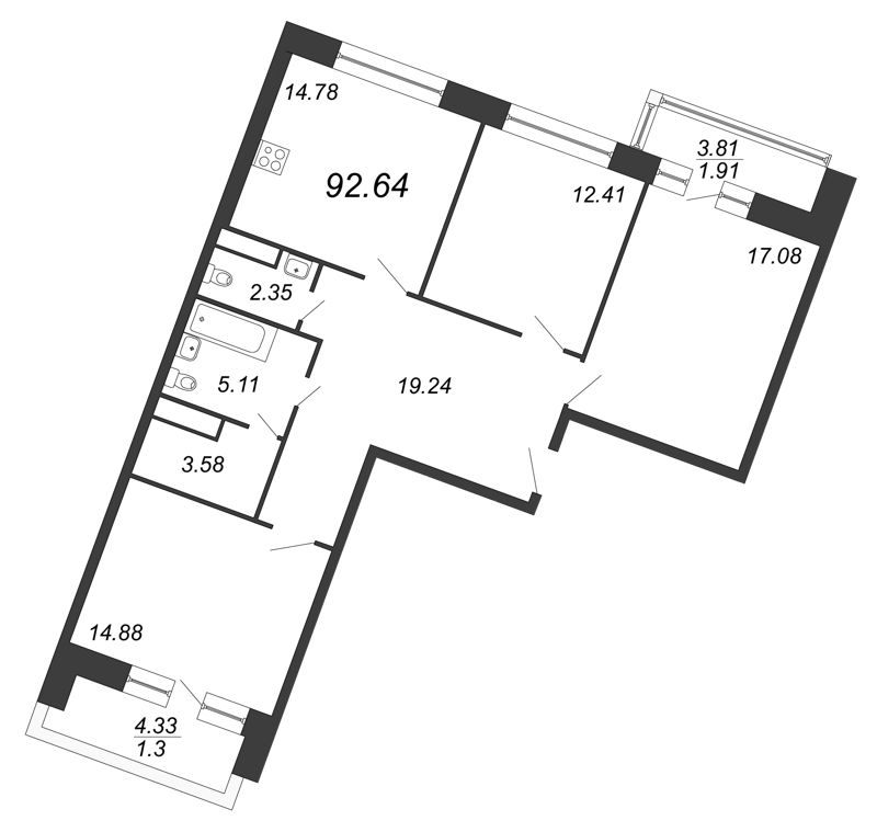 Продажа 3-комнатной квартиры 92.64 м2, 12/12 этаж, ЖК «Ariosto» - план-схема