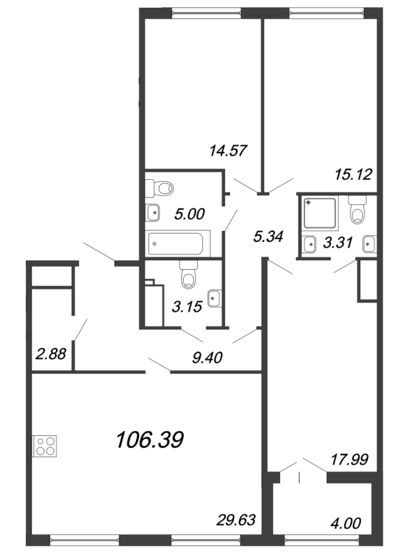 Продажа 4-комнатной (Евро) квартиры 106.3 м2, 1/8 этаж, ЖК «The One» - план-схема