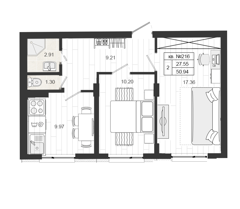 Продажа 2-комнатной квартиры 50.94 м2, 1/4 этаж, ЖК «Верево-сити» - план-схема
