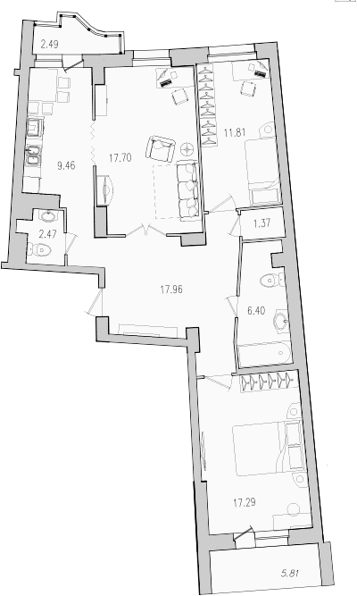 Продажа 3-комнатной квартиры 89 м2, 3/15 этаж, ЖК «Шекспир» - план-схема
