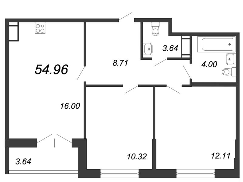 Продажа 3-комнатной (Евро) квартиры 54.96 м2, 13/18 этаж в ЖК «Магеллан» - план-схема