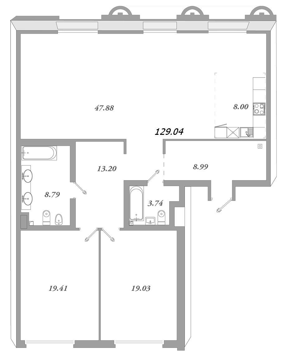 Продажа 3-комнатной (Евро) квартиры 129.04 м2, 4/7 этаж, ЖК «Приоритет» - план-схема