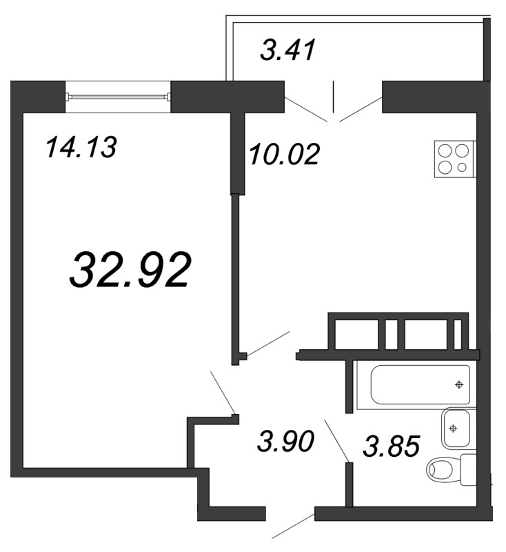 Продажа 1-комнатной квартиры 32.92 м2, 15/18 этаж в ЖК «Магеллан» - план-схема
