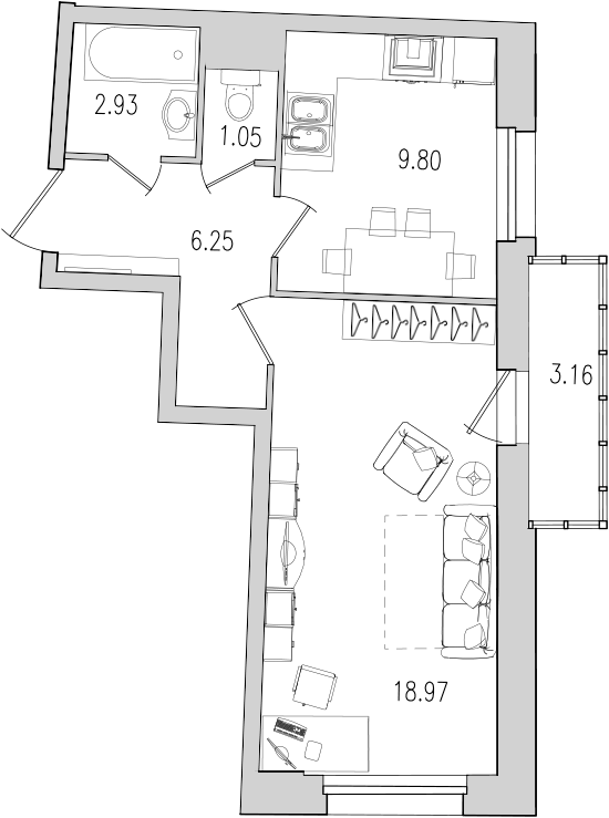 Продажа 1-комнатной квартиры 42.7 м2, 13/22 этаж, ЖК «Байрон» - план-схема