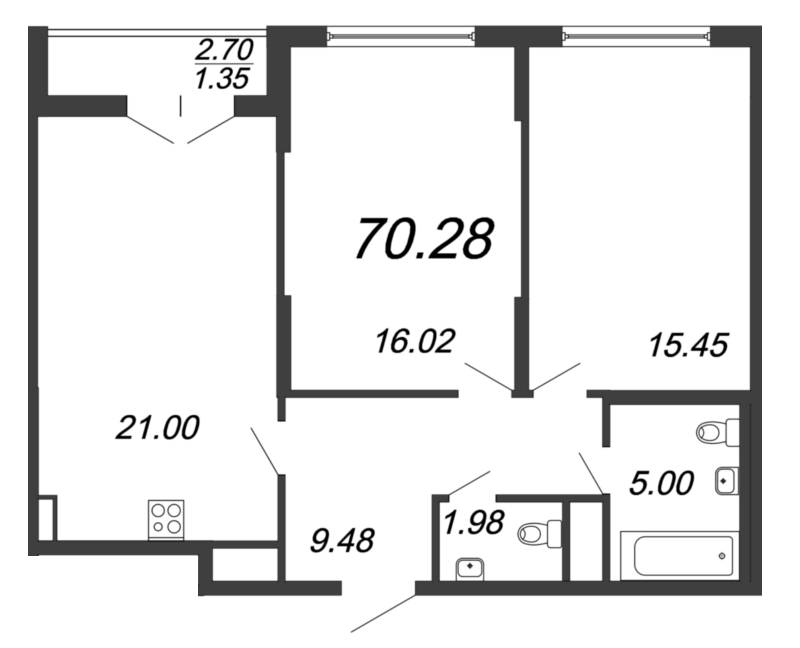 Продажа 3-комнатной (Евро) квартиры 70.28 м2, 7/18 этаж, ЖК «Колумб» - план-схема