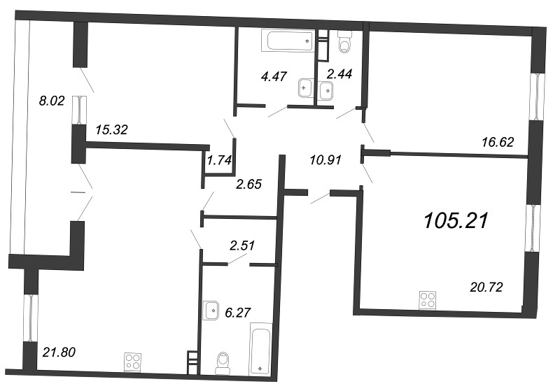 Продажа 3-комнатной квартиры 105.21 м2, 12/12 этаж, ЖК «Ariosto» - план-схема