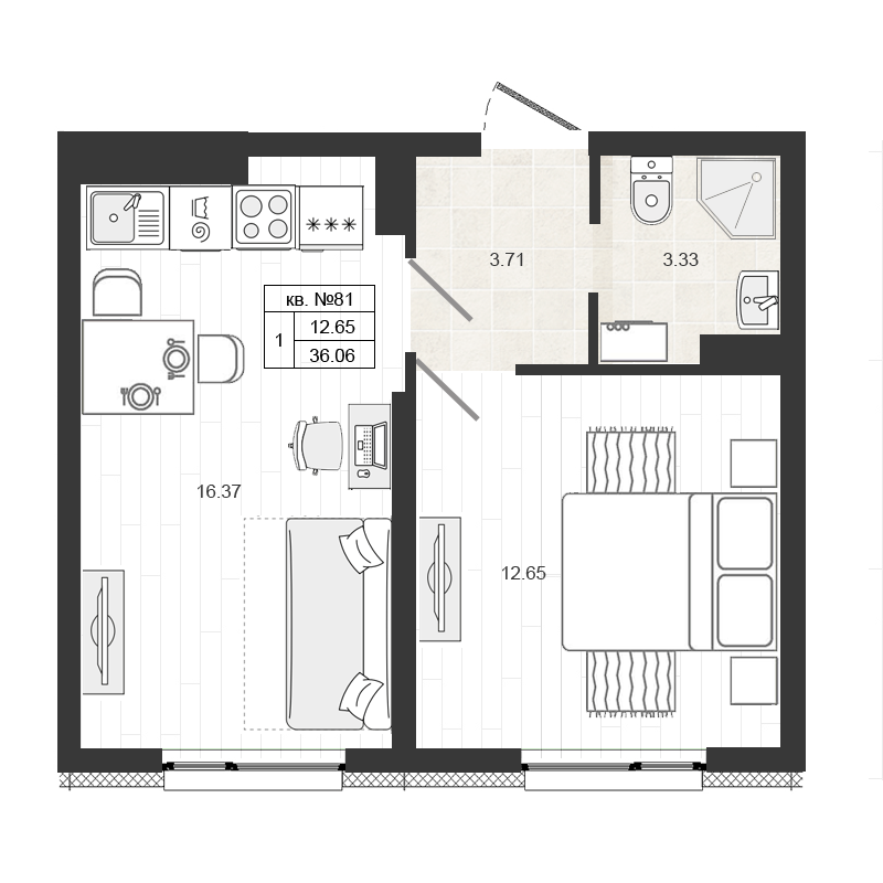Продажа 2-комнатной (Евро) квартиры 36.06 м2, 3/4 этаж, ЖК «Верево-сити» - план-схема