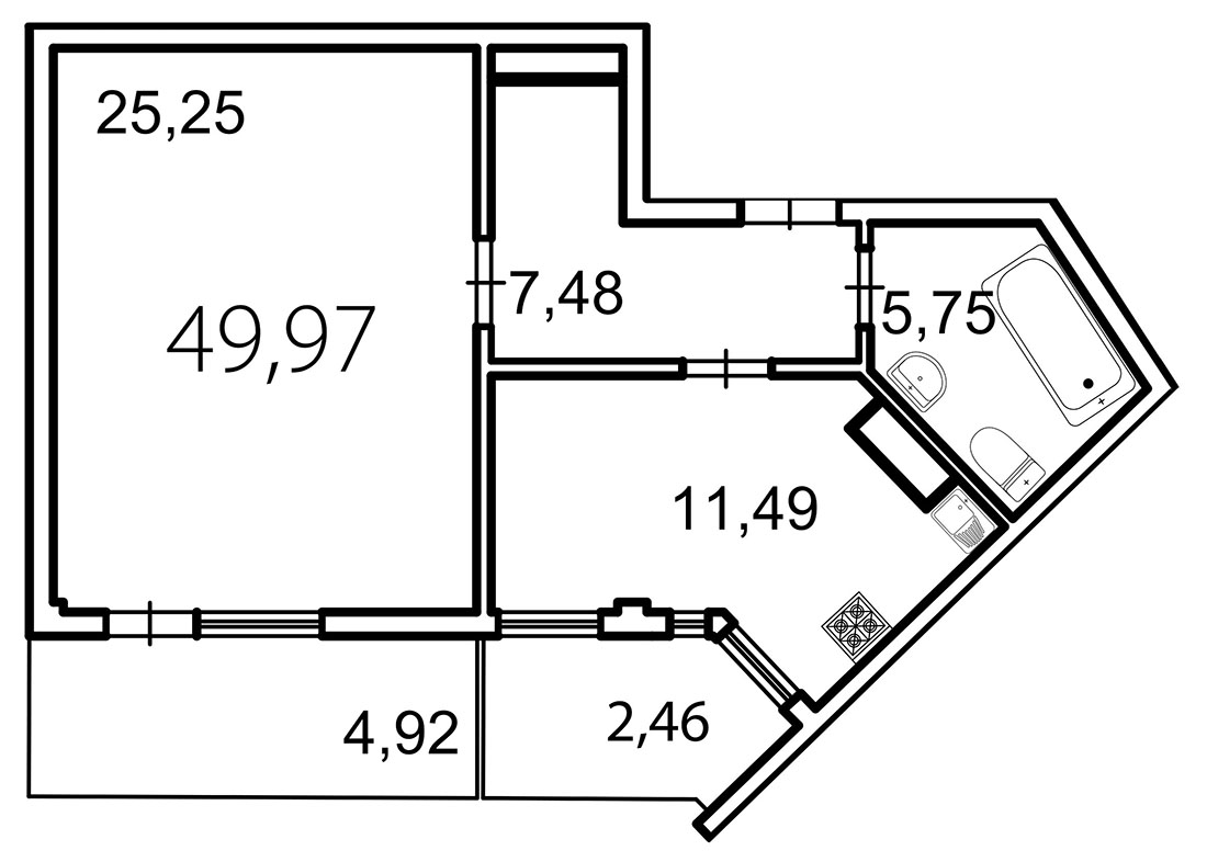 Продажа 1-комнатной квартиры 52.2 м2, 3/4 этаж в ЖК «Лахта Парк» - план-схема