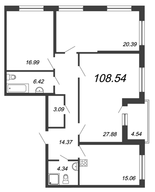 Продажа 3-комнатной квартиры 106.3 м2, 2/9 этаж, ЖК «Притяжение» - план-схема