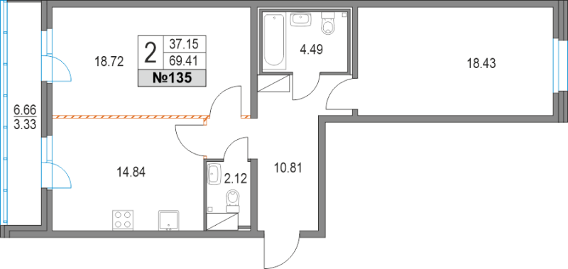 Продажа 2-комнатной квартиры 69.41 м2, 4/19 этаж в ЖК «Приморский квартал» - план-схема