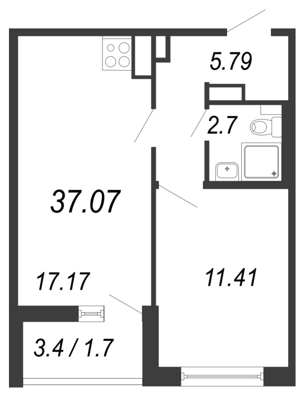 Продажа 2-комнатной (Евро) квартиры 37.07 м2, 13/14 этаж, ЖК «Чёрная речка» - план-схема