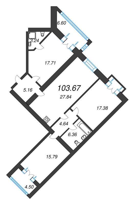 Продажа 3-комнатной квартиры 103.67 м2, 4/13 этаж, ЖК «Листва» - план-схема