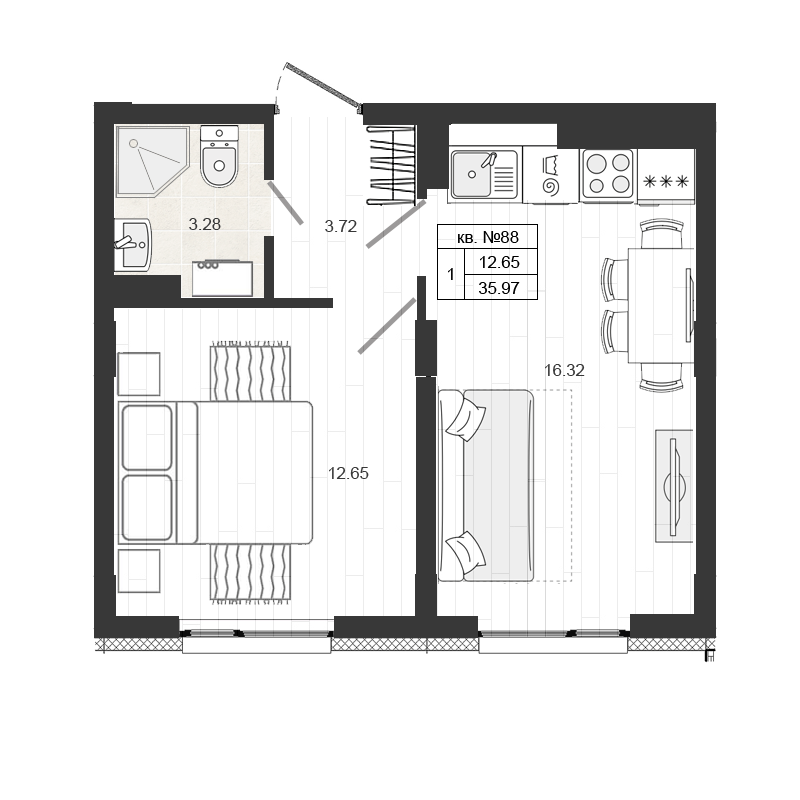 Продажа 2-комнатной (Евро) квартиры 35.97 м2, 4/4 этаж в ЖК «Верево-сити» - план-схема
