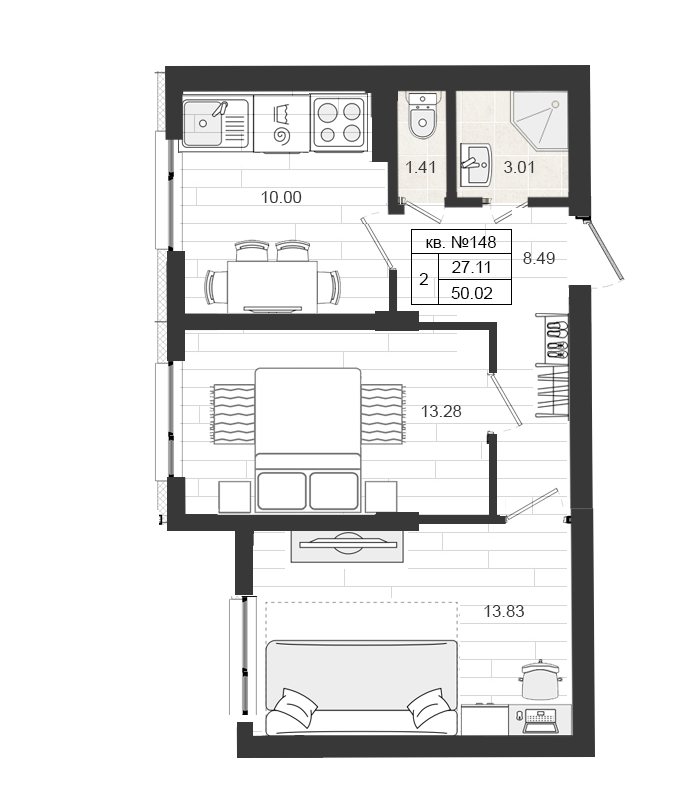 Продажа 2-комнатной квартиры 50.02 м2, 1/4 этаж, ЖК «Верево-сити» - план-схема