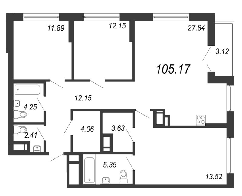 Продажа 4-комнатной (Евро) квартиры 104.3 м2, 7/18 этаж, ЖК «Нахимов» - план-схема