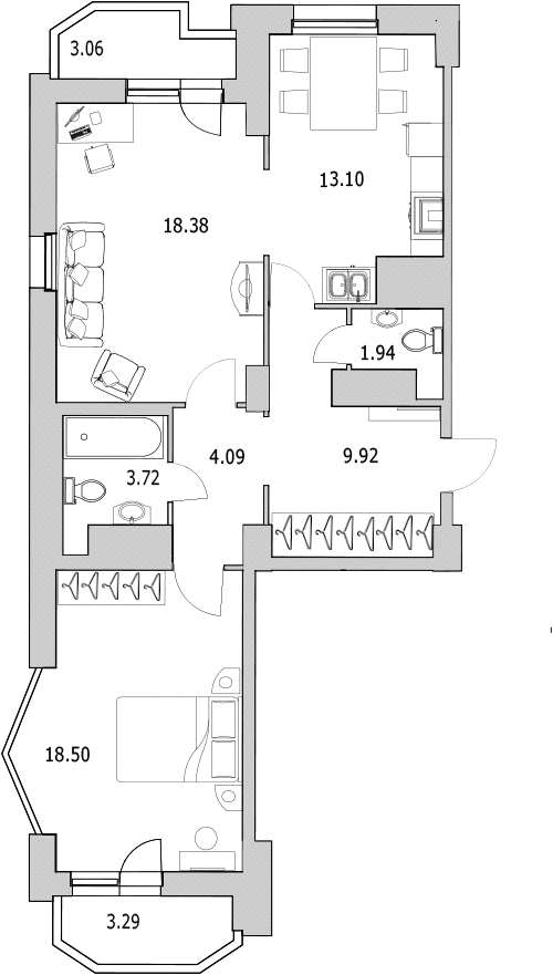 Продажа 2-комнатной квартиры 72.83 м2, 13/0 этаж в ЖК «Байрон» - план-схема