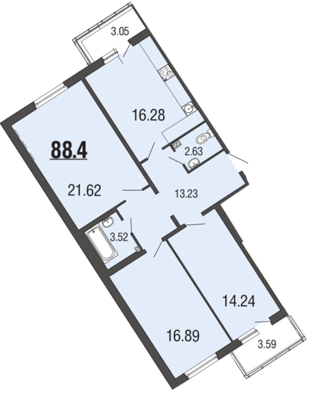 Продажа 4-комнатной (Евро) квартиры 88.4 м2, 1/4 этаж, ЖК «EcoCity» - план-схема