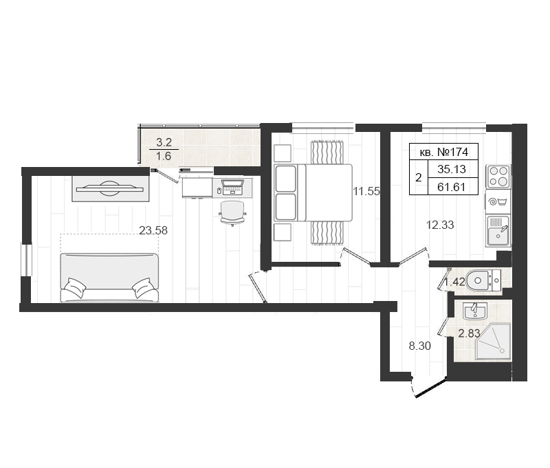 Продажа 2-комнатной квартиры 61.61 м2, 4/4 этаж, ЖК «Верево-сити» - план-схема